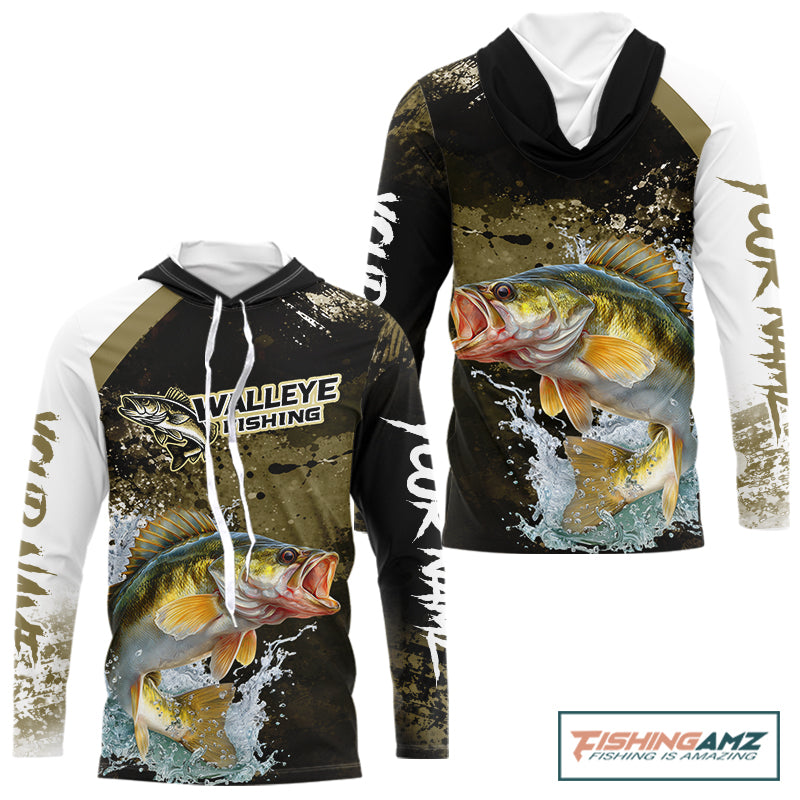 Green Camo Custom Walleye Fishing Shirts Long Sleeve Hooded, Walleye Fishing Jerseys NBT413