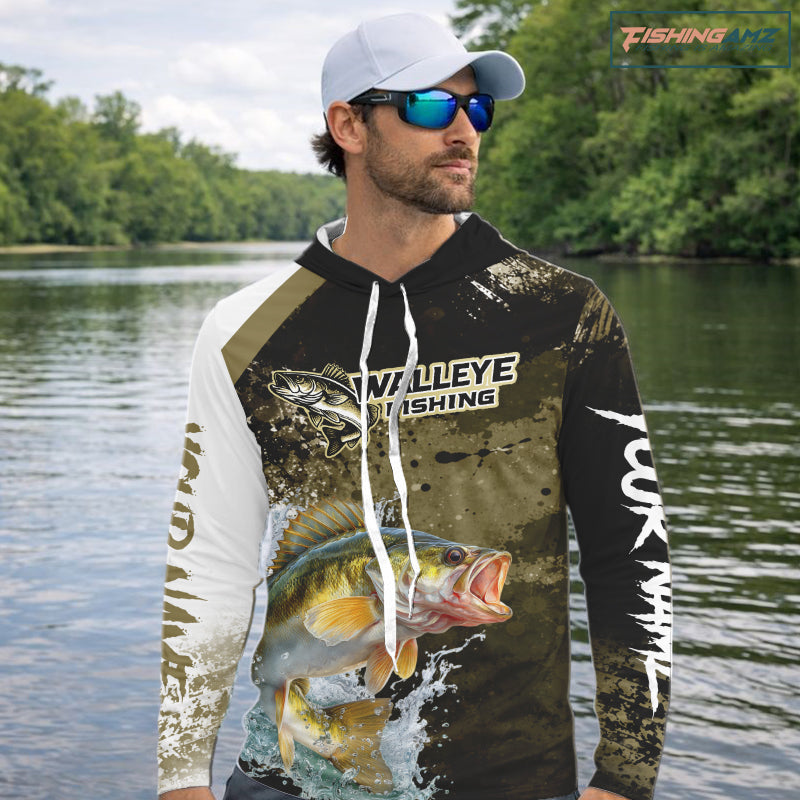 Green Camo Custom Walleye Fishing Shirts Long Sleeve Hooded, Walleye Fishing Jerseys NBT413