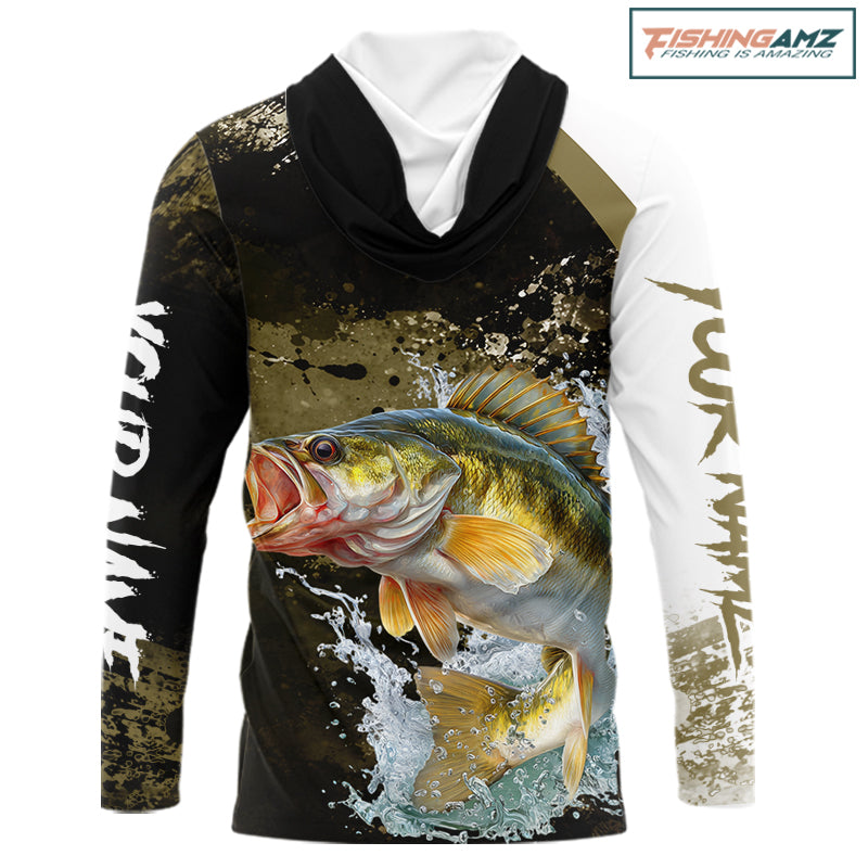 Green Camo Custom Walleye Fishing Shirts Long Sleeve Hooded, Walleye Fishing Jerseys NBT413