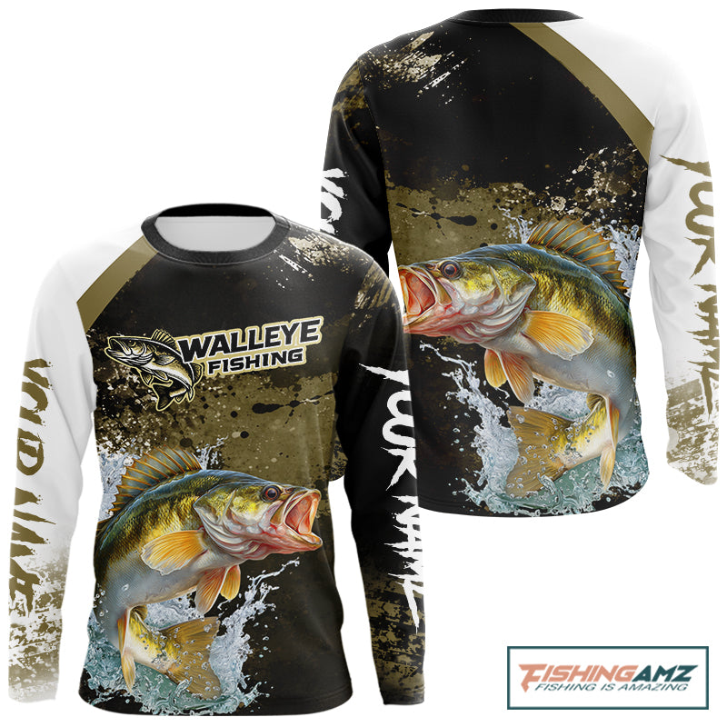 Green Camo Custom Walleye Fishing Shirts Long Sleeve, Walleye Fishing Jerseys NBT413