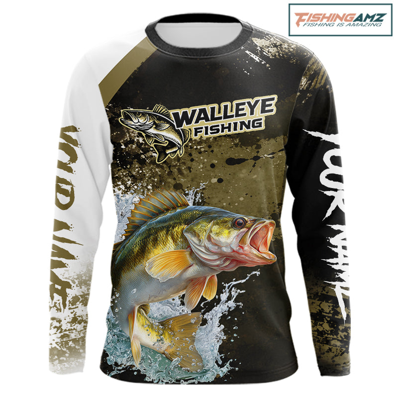 Green Camo Custom Walleye Fishing Shirts Long Sleeve, Walleye Fishing Jerseys NBT413