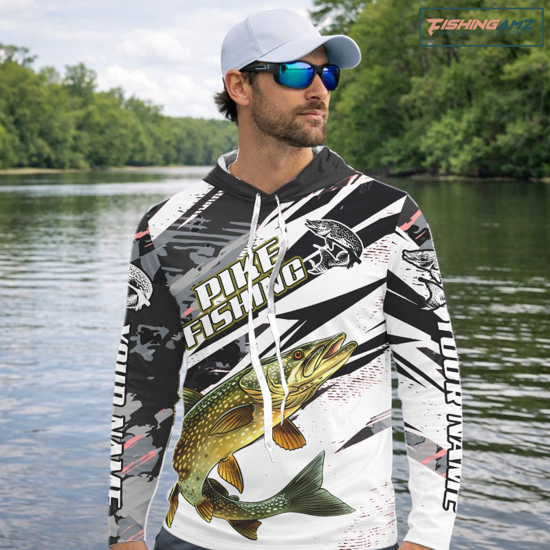 Gray Camo Pike Fishing Jerseys For Men, Custom Pike Fishing Shirts Long Sleeve Hooded NBT415