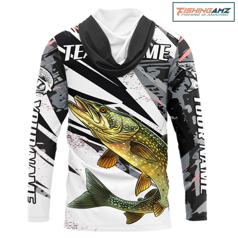 Gray Camo Pike Fishing Jerseys For Men, Custom Pike Fishing Shirts Long Sleeve Hooded NBT415