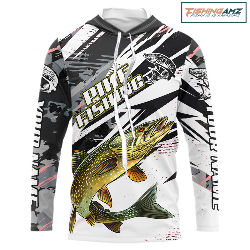 Gray Camo Pike Fishing Jerseys For Men, Custom Pike Fishing Shirts Long Sleeve Hooded NBT415