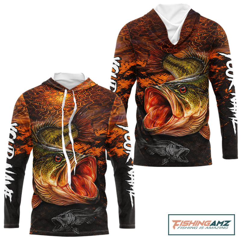 Personalized Big Bass Fishing Jerseys Orange Camo, Bass Fishing Shirts Long Sleeve Hooded NBT416