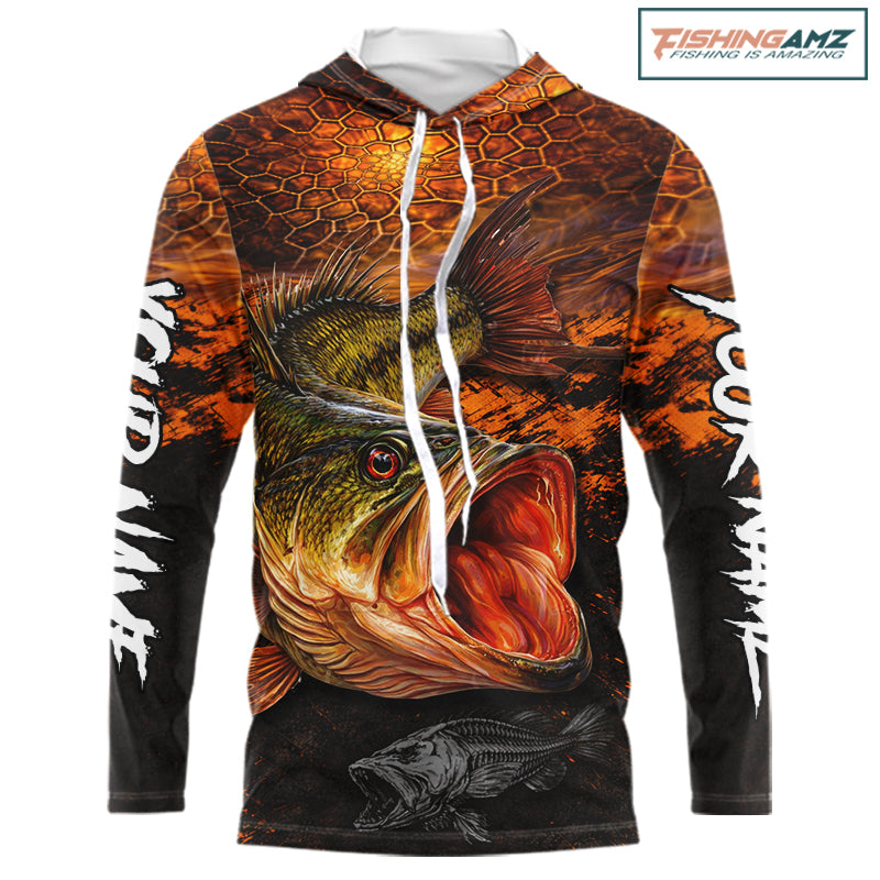 Personalized Big Bass Fishing Jerseys Orange Camo, Bass Fishing Shirts Long Sleeve Hooded NBT416