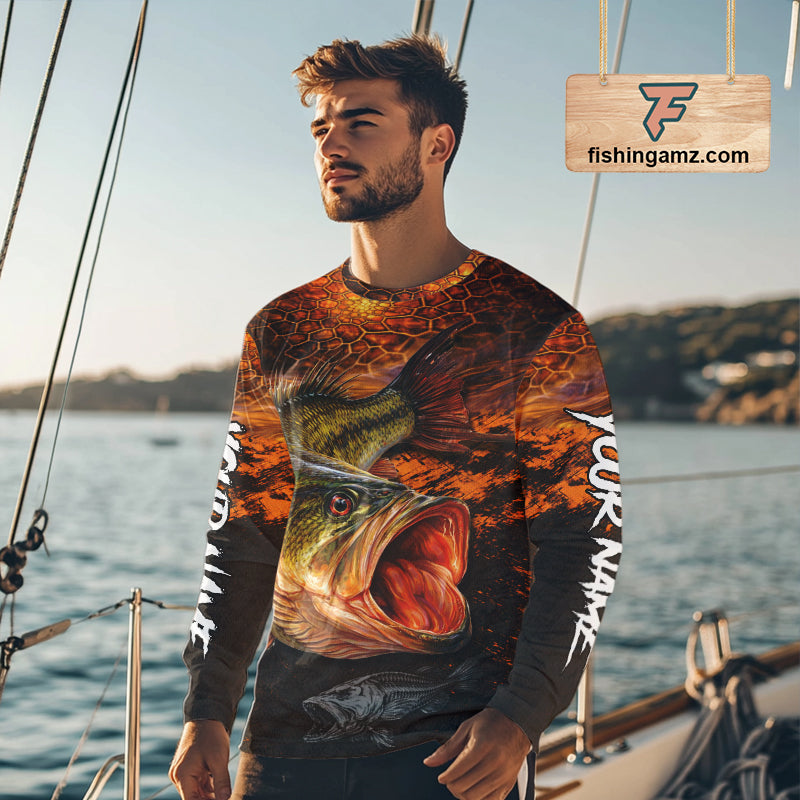 Personalized Big Bass Fishing Jerseys Orange Camo, Bass Fishing Shirts Long Sleeve NBT416