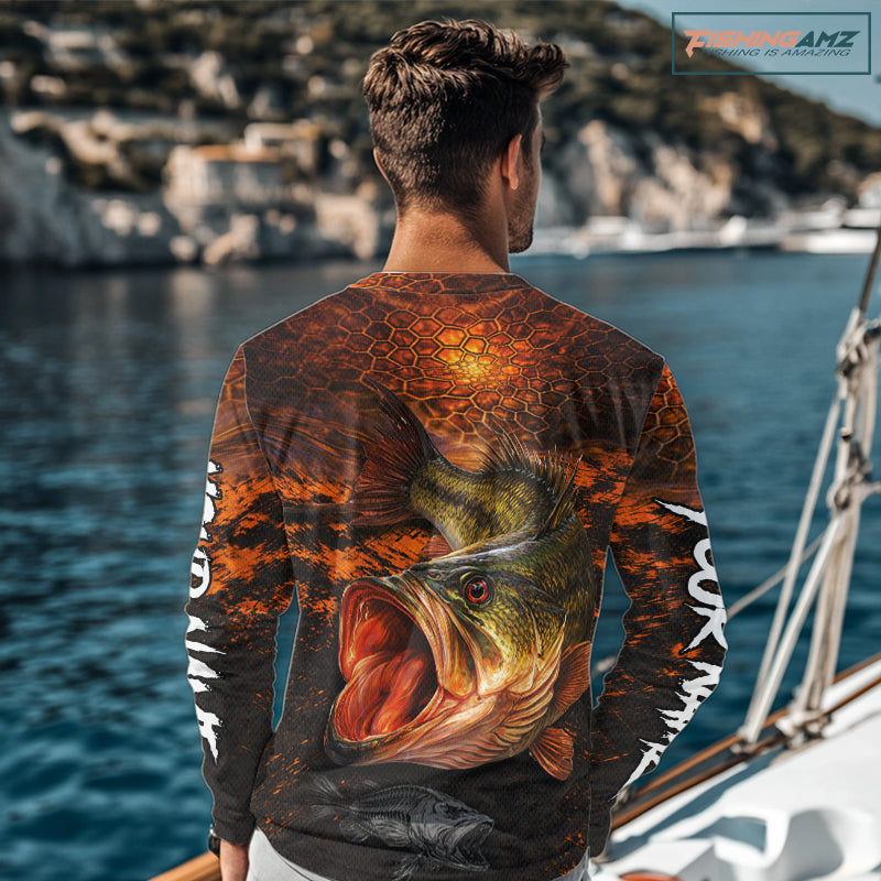 Personalized Big Bass Fishing Jerseys Orange Camo, Bass Fishing Shirts Long Sleeve NBT416