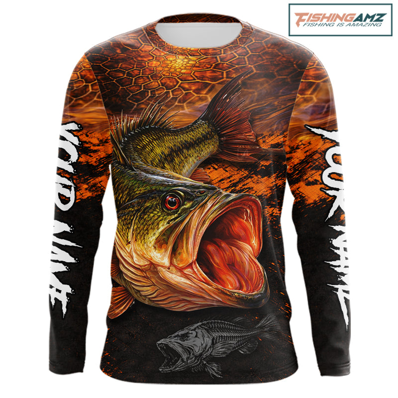 Personalized Big Bass Fishing Jerseys Orange Camo, Bass Fishing Shirts Long Sleeve NBT416