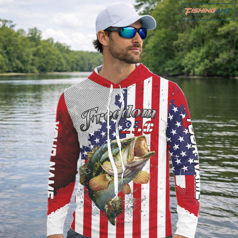 Freedom 250 Bass Long Sleeve Hooded Fishing Shirts American Flag Fishing, Custom Bass Shirts With US Flag NBT374