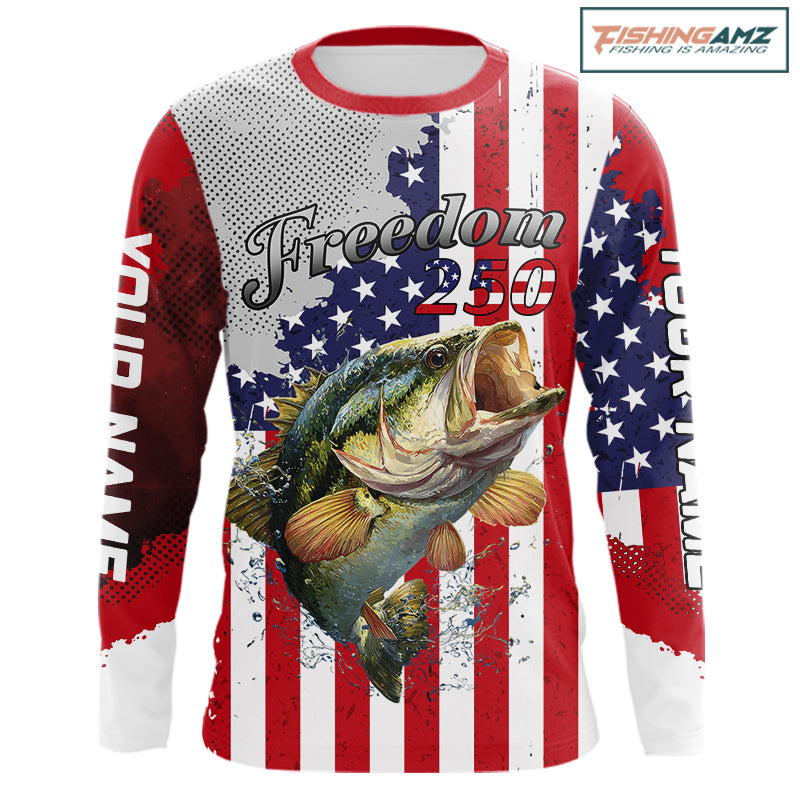 Freedom 250 Bass Fishing Shirts Long Sleeve American Flag Fishing, Custom Bass Shirts With US Flag NBT374