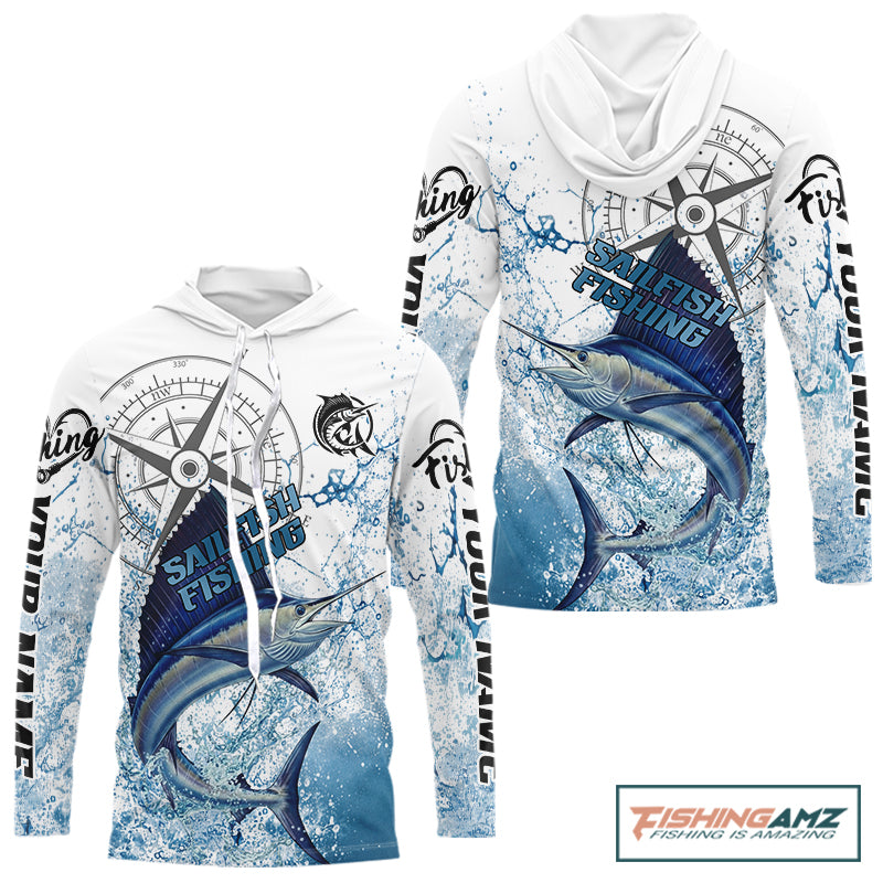 Custom Sailfish Long Sleeve Hooded Fishing Shirts Saltwater Fish, Compass Offshore Tournament Fishing Shirts NBT375