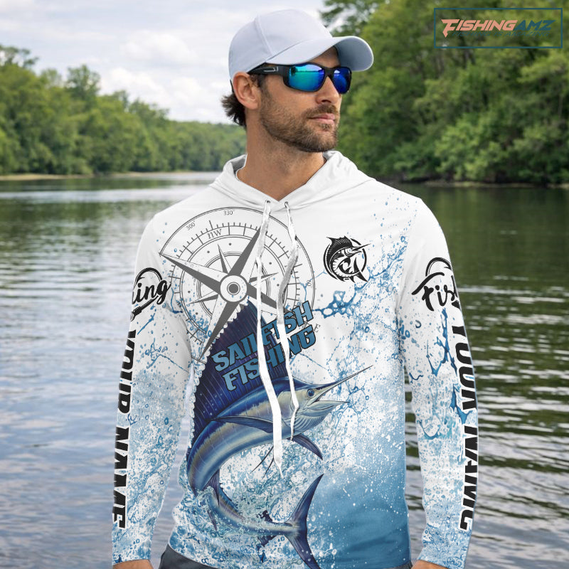Custom Sailfish Long Sleeve Hooded Fishing Shirts Saltwater Fish, Compass Offshore Tournament Fishing Shirts NBT375