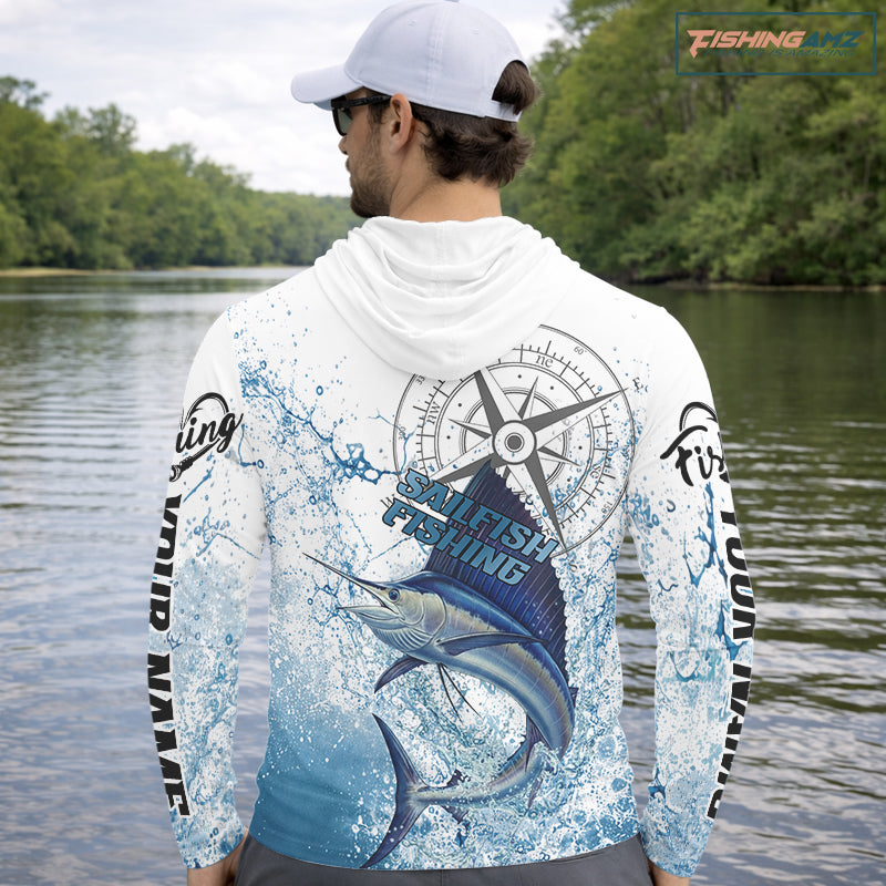 Custom Sailfish Long Sleeve Hooded Fishing Shirts Saltwater Fish, Compass Offshore Tournament Fishing Shirts NBT375