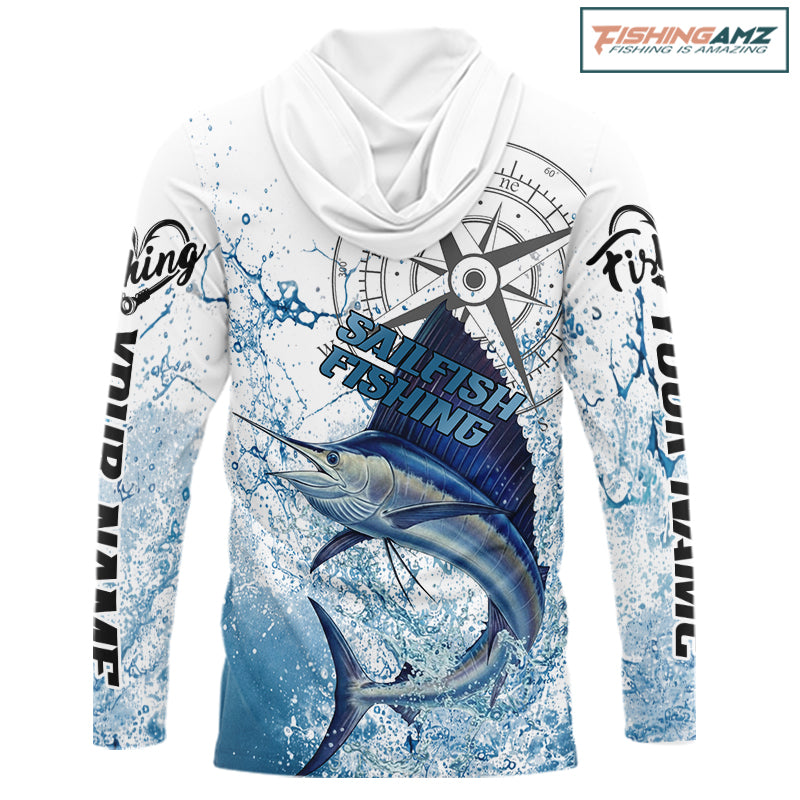 Custom Sailfish Long Sleeve Hooded Fishing Shirts Saltwater Fish, Compass Offshore Tournament Fishing Shirts NBT375