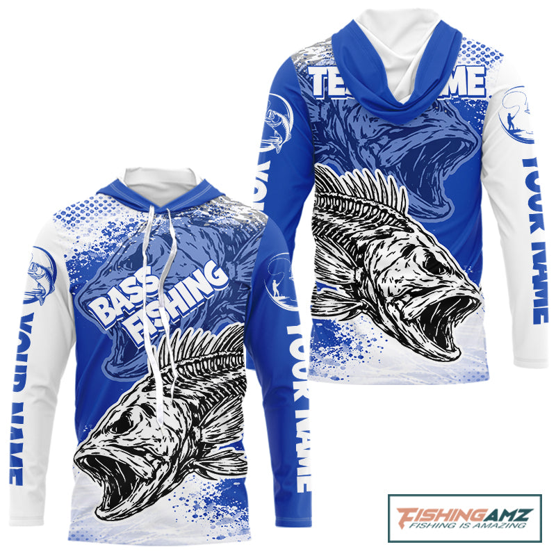 Blue Camo Bass Fishing Jerseys For Fishing Team,  Bass Skeleton Fishing Shirts Long Sleeve Hooded NBT418