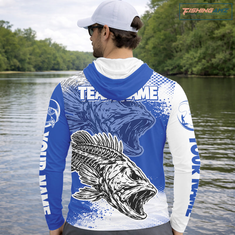 Blue Camo Bass Fishing Jerseys For Fishing Team,  Bass Skeleton Fishing Shirts Long Sleeve Hooded NBT418