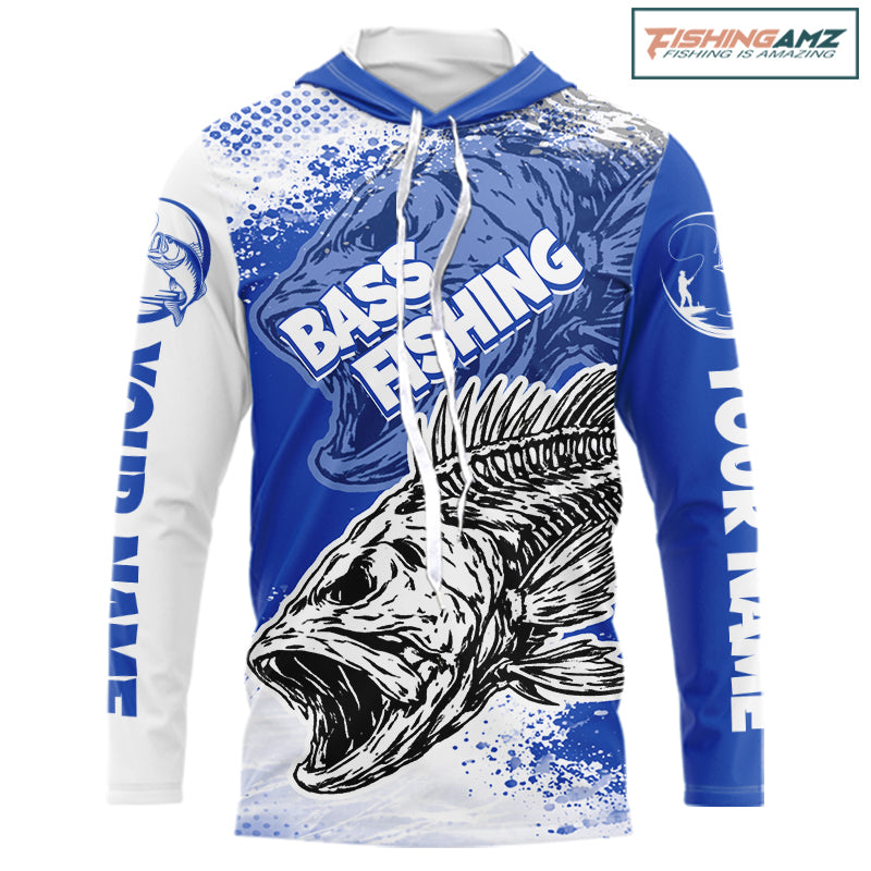 Blue Camo Bass Fishing Jerseys For Fishing Team,  Bass Skeleton Fishing Shirts Long Sleeve Hooded NBT418