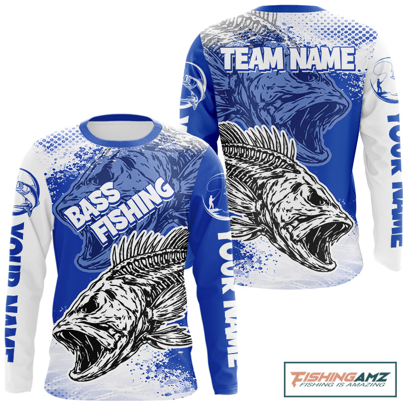 Blue Camo Bass Fishing Jerseys For Fishing Team, Bass Skeleton Fishing Shirts Long Sleeve NBT418