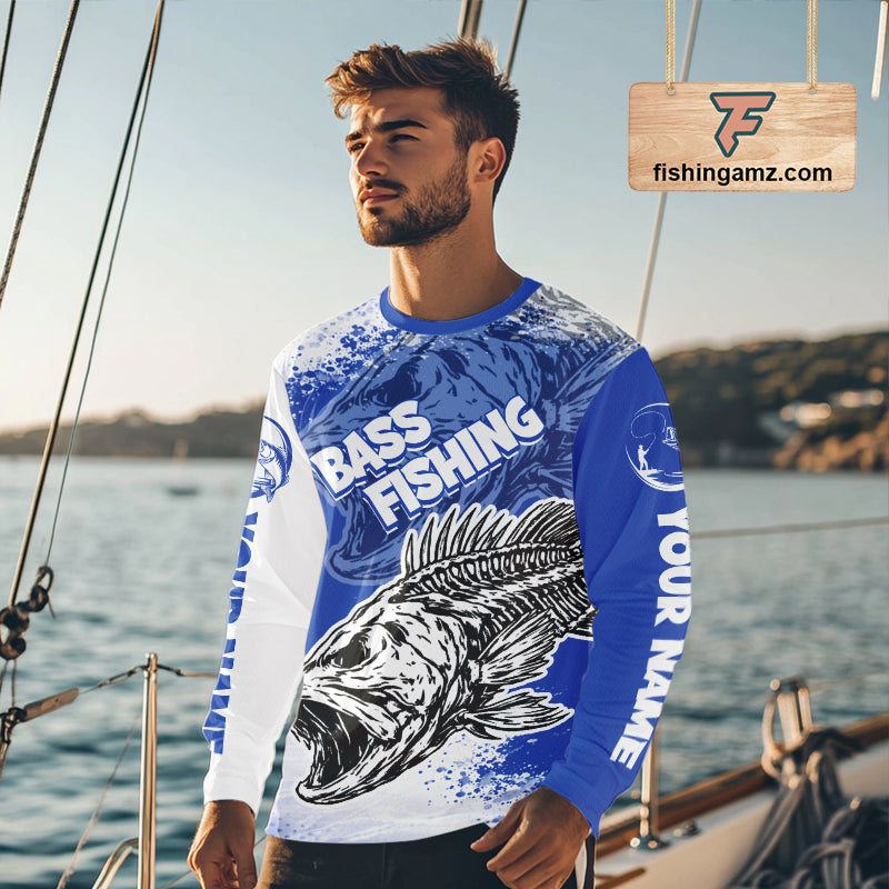 Blue Camo Bass Fishing Jerseys For Fishing Team, Bass Skeleton Fishing Shirts Long Sleeve NBT418