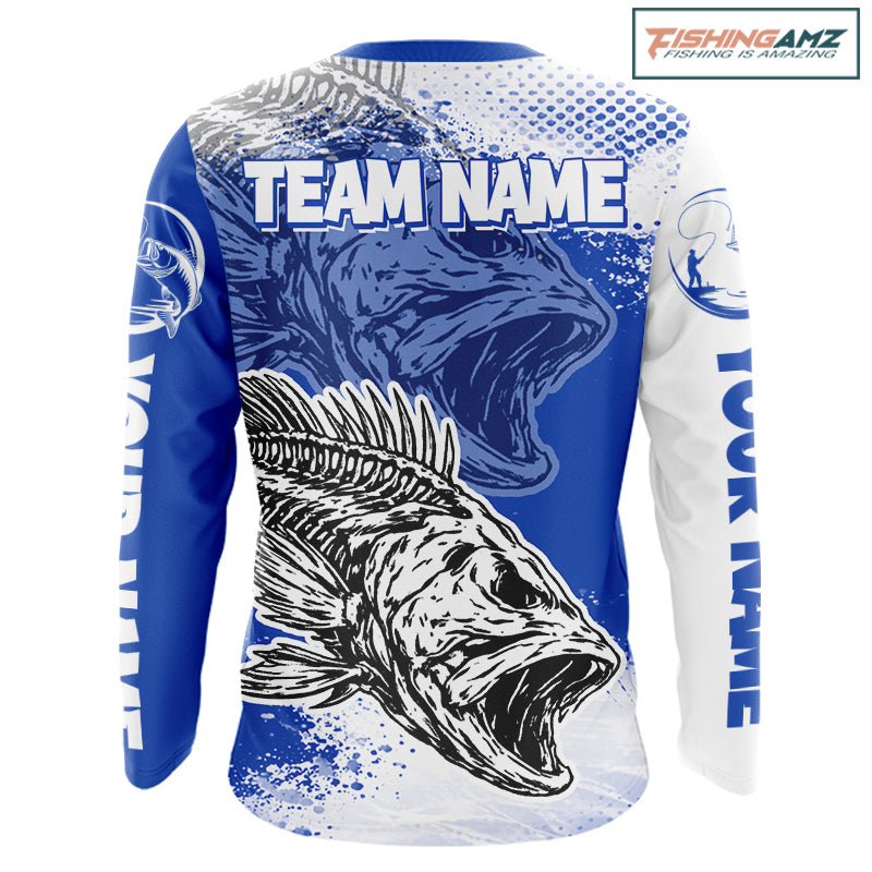 Blue Camo Bass Fishing Jerseys For Fishing Team, Bass Skeleton Fishing Shirts Long Sleeve NBT418