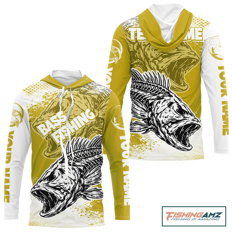 Yellow Camo Bass Fishing Jerseys For Fishing Team, Bass Skeleton Fishing Shirts Long Sleeve Hooded NBT419