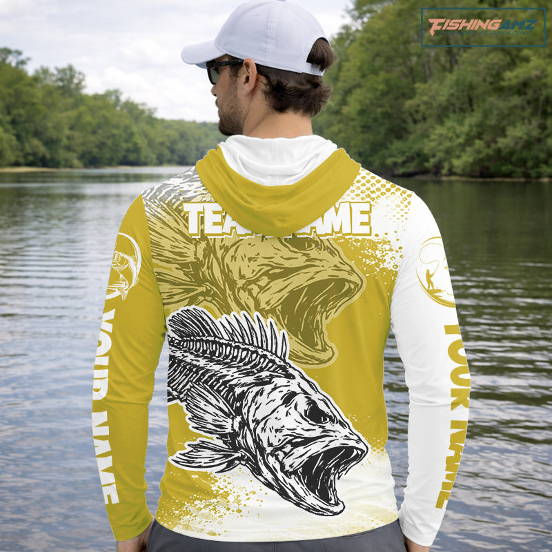 Yellow Camo Bass Fishing Jerseys For Fishing Team, Bass Skeleton Fishing Shirts Long Sleeve Hooded NBT419