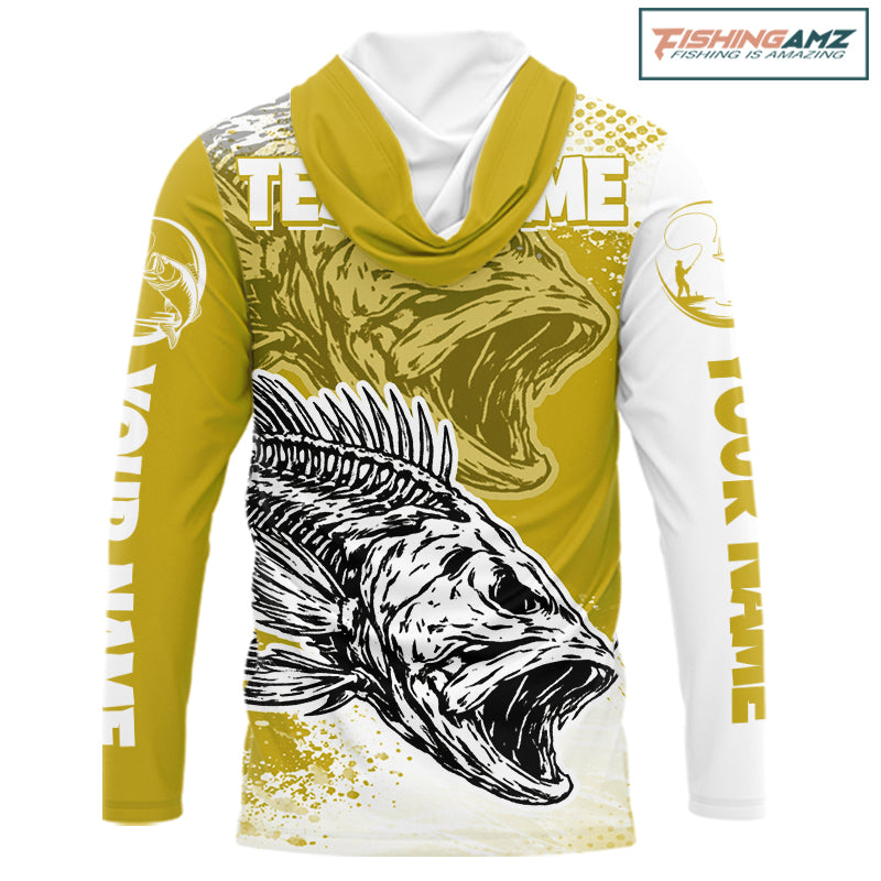 Yellow Camo Bass Fishing Jerseys For Fishing Team, Bass Skeleton Fishing Shirts Long Sleeve Hooded NBT419