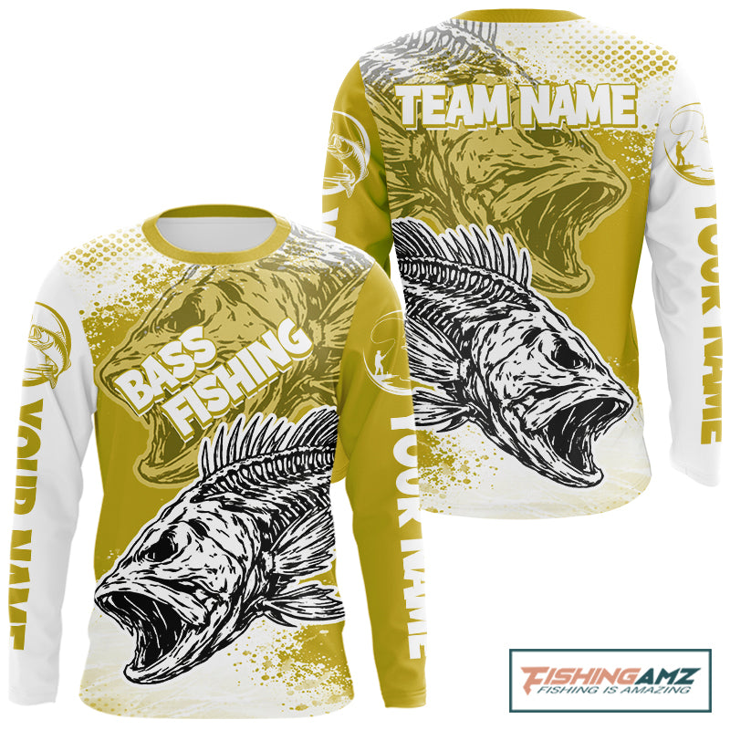 Yellow Camo Bass Fishing Jerseys For Fishing Team, Bass Skeleton Fishing Shirts Long Sleeve NBT419