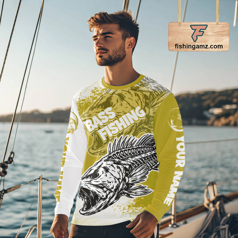 Yellow Camo Bass Fishing Jerseys For Fishing Team, Bass Skeleton Fishing Shirts Long Sleeve NBT419