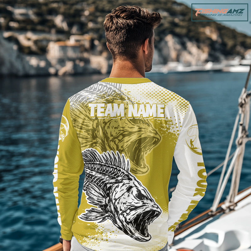 Yellow Camo Bass Fishing Jerseys For Fishing Team, Bass Skeleton Fishing Shirts Long Sleeve NBT419