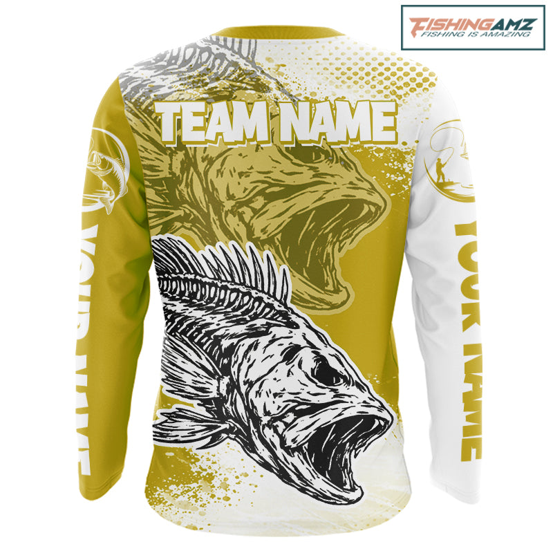 Yellow Camo Bass Fishing Jerseys For Fishing Team, Bass Skeleton Fishing Shirts Long Sleeve NBT419