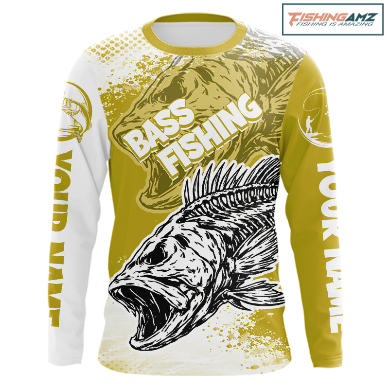 Yellow Camo Bass Fishing Jerseys For Fishing Team, Bass Skeleton Fishing Shirts Long Sleeve NBT419
