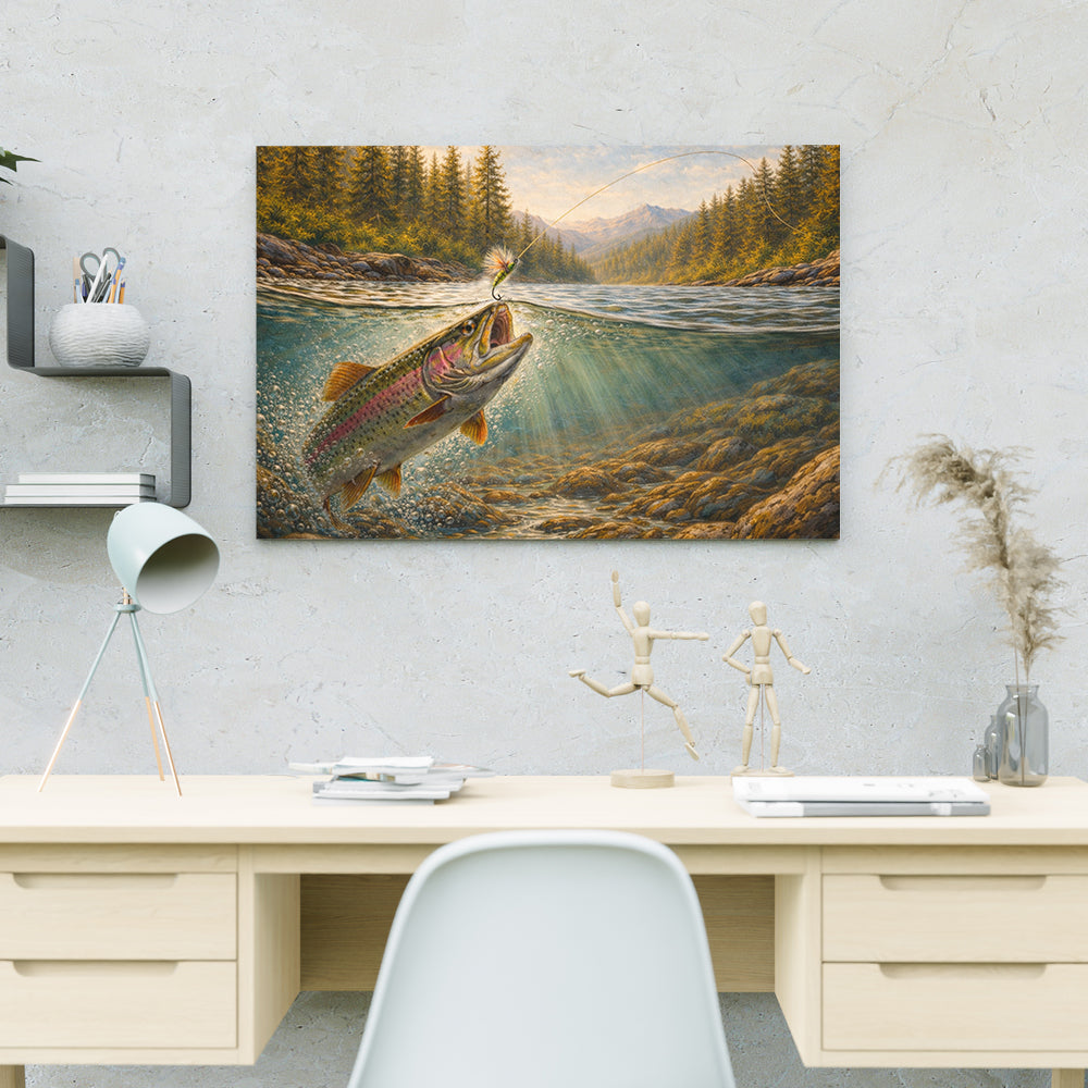 Mountain River Strike – Rainbow Trout Fly Fishing Canvas Art NBT421