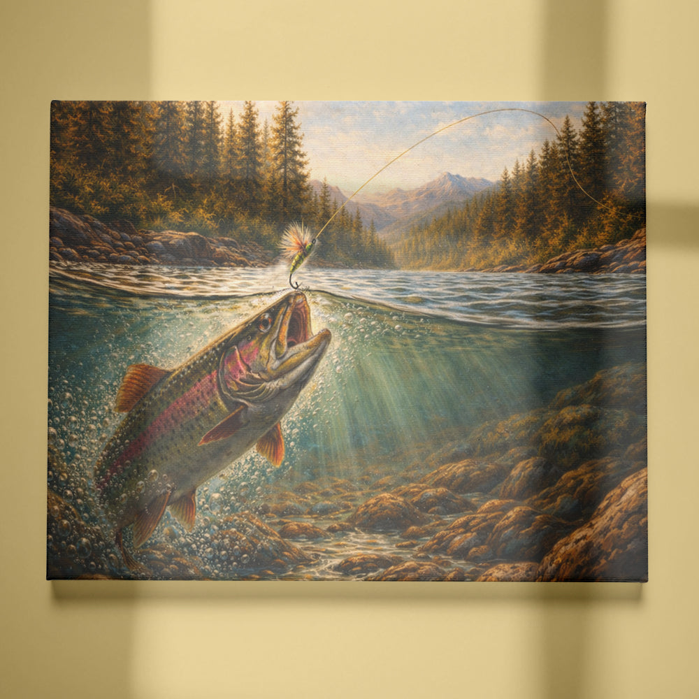 Mountain River Strike – Rainbow Trout Fly Fishing Canvas Art NBT421