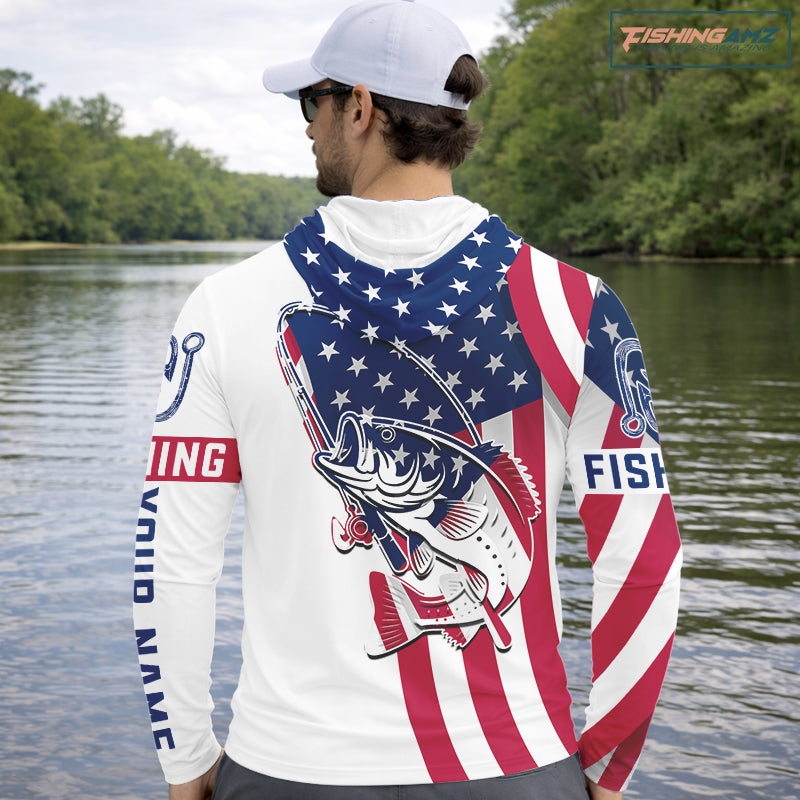 Hooded Bass Fishing American Flag Fishing Tournament Shirts, Personalized Bass Long Sleeve Fishing Jerseys NBT485