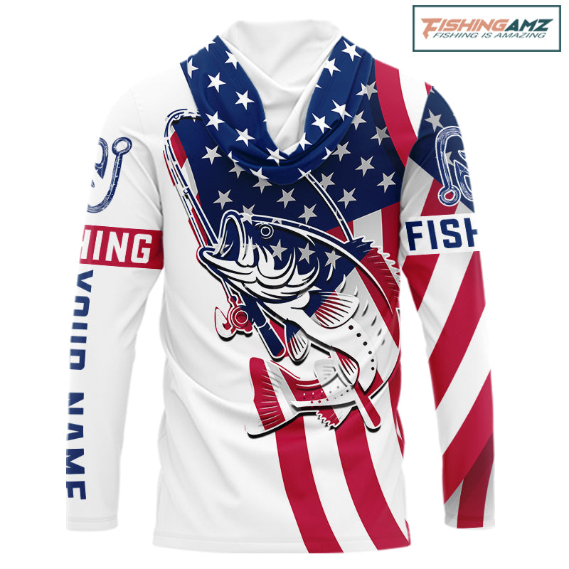 Hooded Bass Fishing American Flag Fishing Tournament Shirts, Personalized Bass Long Sleeve Fishing Jerseys NBT485