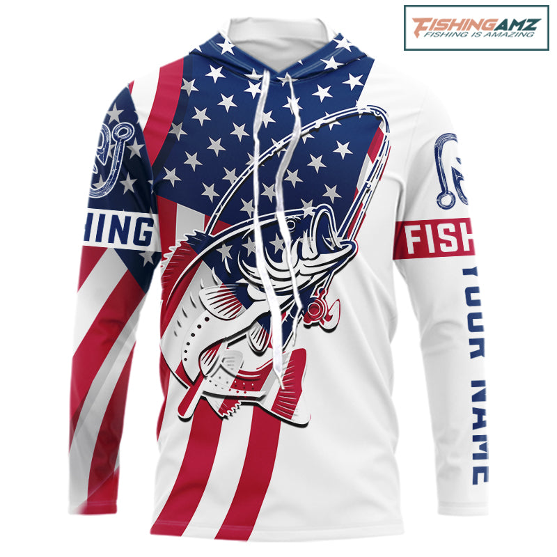 Hooded Bass Fishing American Flag Fishing Tournament Shirts, Personalized Bass Long Sleeve Fishing Jerseys NBT485