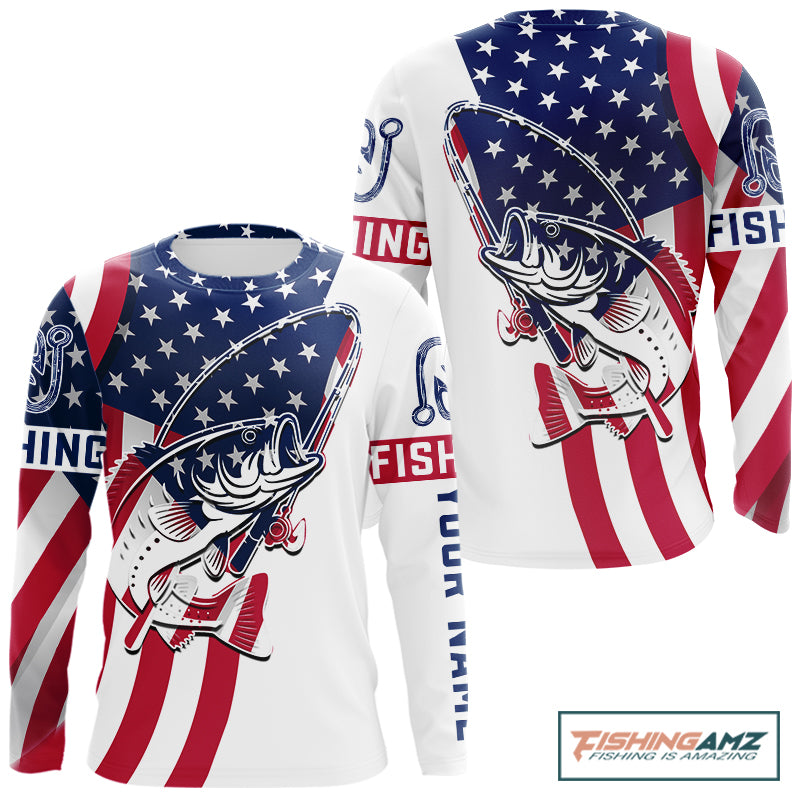 Bass Fishing American Flag Fishing Tournament Shirts, Personalized Bass Long Sleeve Fishing Jerseys NBT485