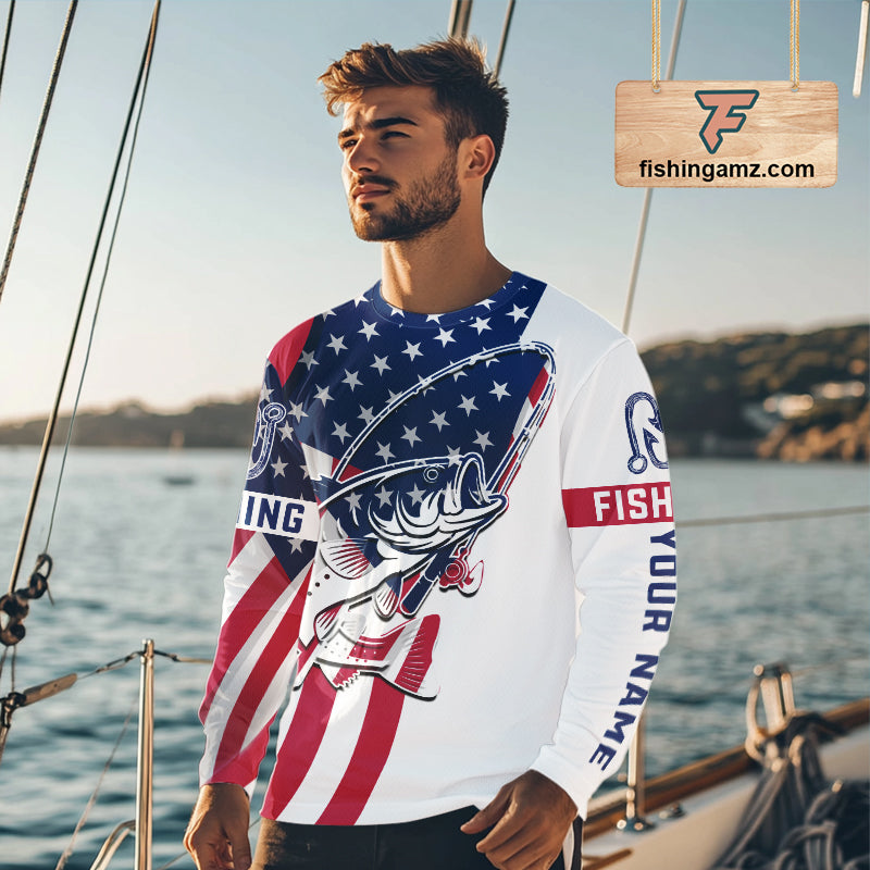Bass Fishing American Flag Fishing Tournament Shirts, Personalized Bass Long Sleeve Fishing Jerseys NBT485