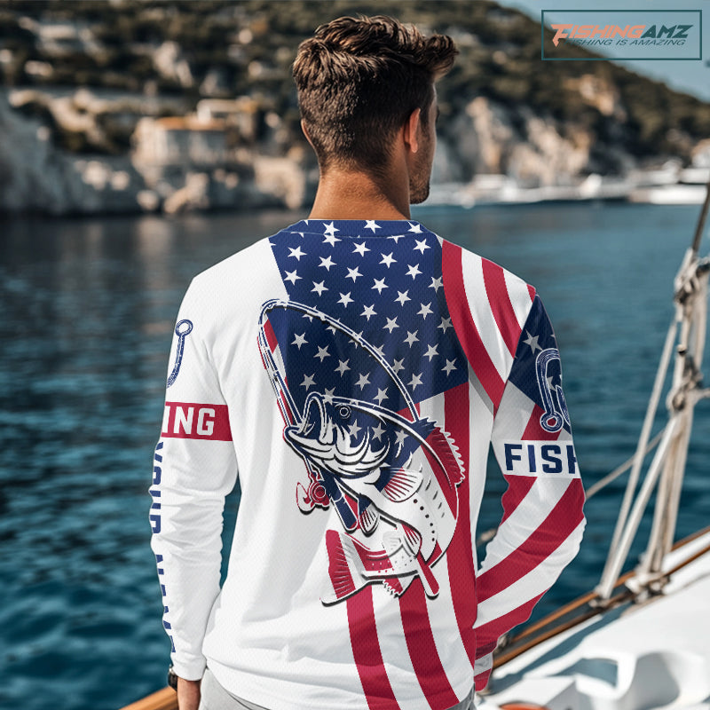 Bass Fishing American Flag Fishing Tournament Shirts, Personalized Bass Long Sleeve Fishing Jerseys NBT485