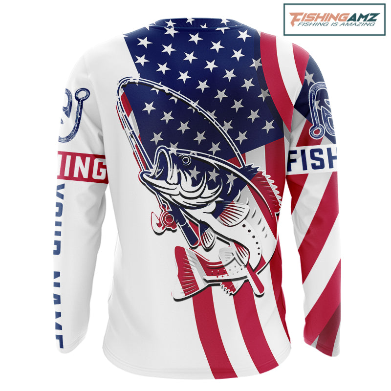 Bass Fishing American Flag Fishing Tournament Shirts, Personalized Bass Long Sleeve Fishing Jerseys NBT485