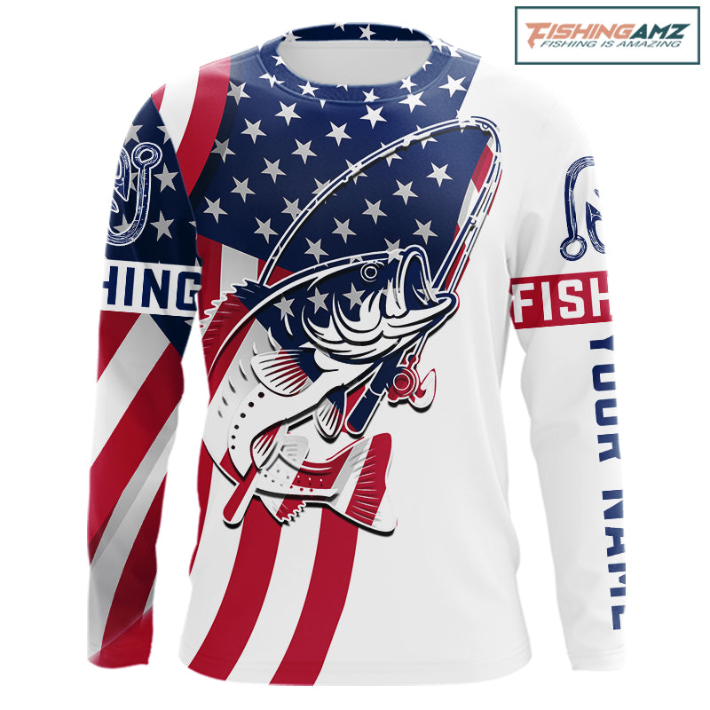 Bass Fishing American Flag Fishing Tournament Shirts, Personalized Bass Long Sleeve Fishing Jerseys NBT485