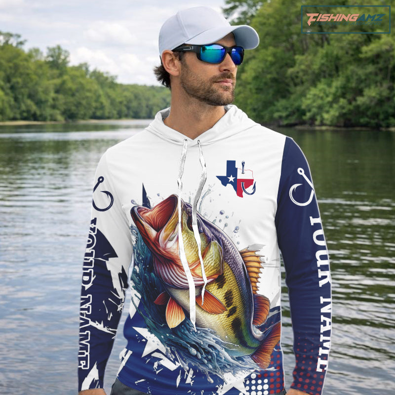 Bass Fishing 3D Texas Flag Western Shirts Customize Hooded Bass Fishing Jerseys, Sun Protection Shirts NBT738