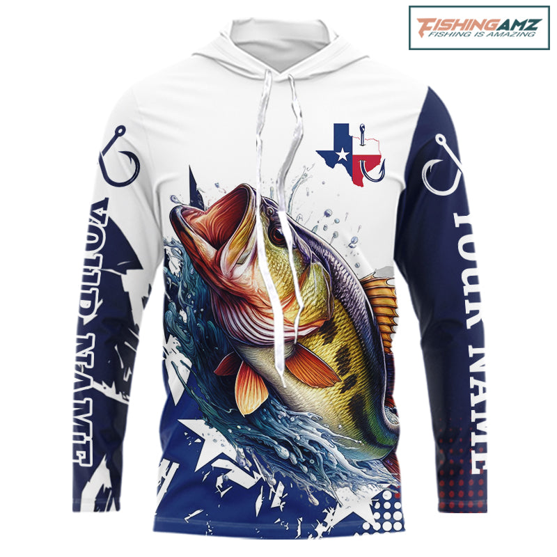 Bass Fishing 3D Texas Flag Western Shirts Customize Hooded Bass Fishing Jerseys, Sun Protection Shirts NBT738