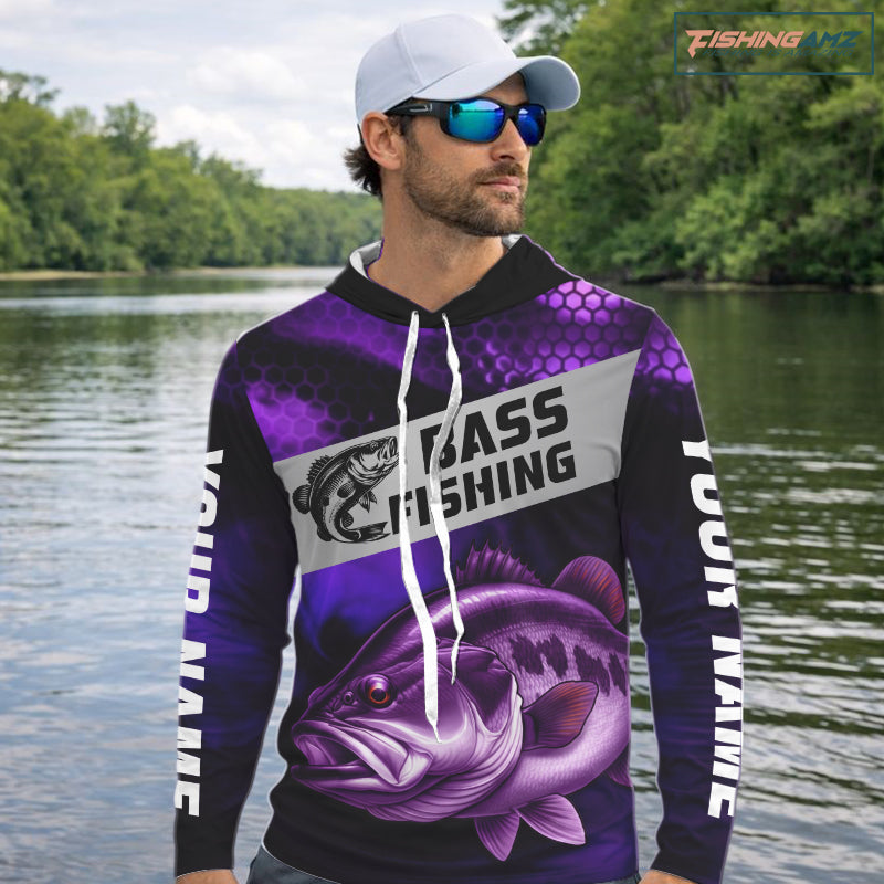 Purple Largemouth Bass Long Sleeve Hooded Fishing Shirts, Custom Big Bass Fishing Jerseys NBT379