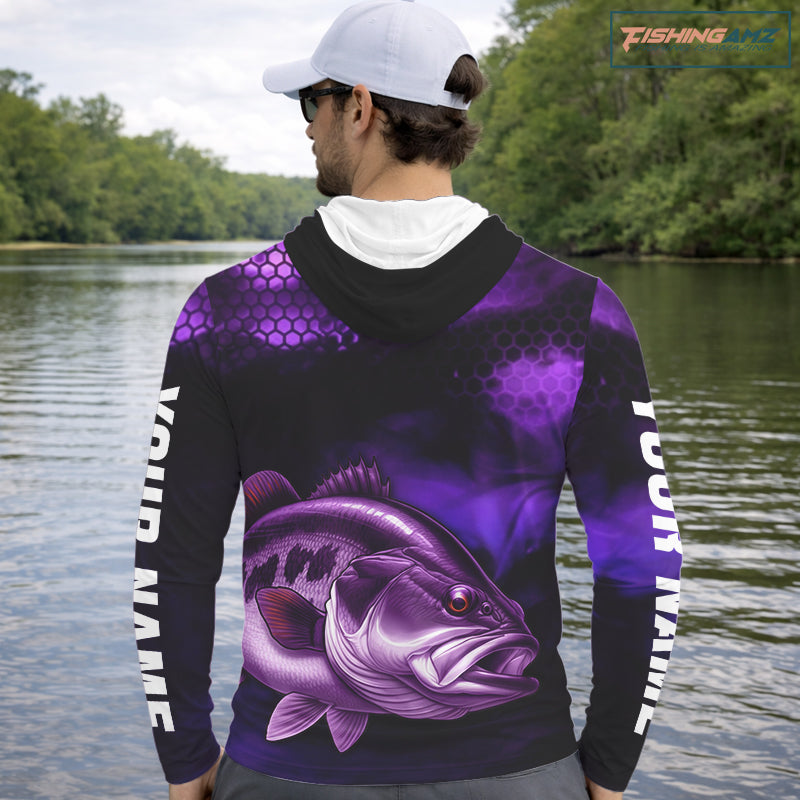 Purple Largemouth Bass Long Sleeve Hooded Fishing Shirts, Custom Big Bass Fishing Jerseys NBT379