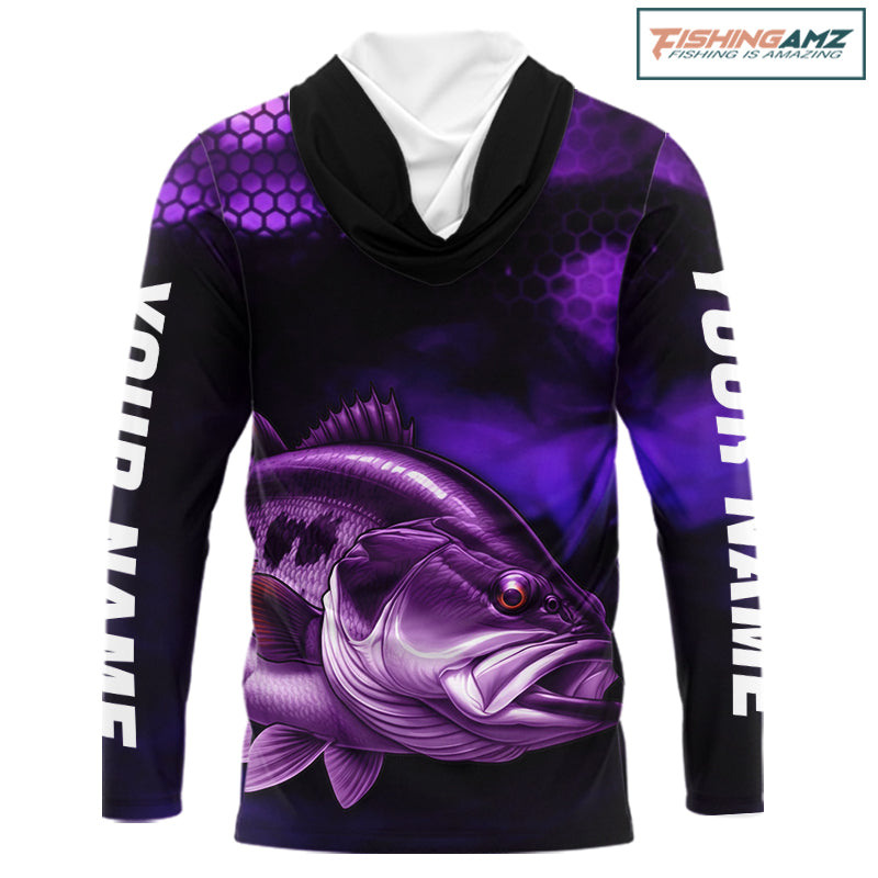 Purple Largemouth Bass Long Sleeve Hooded Fishing Shirts, Custom Big Bass Fishing Jerseys NBT379