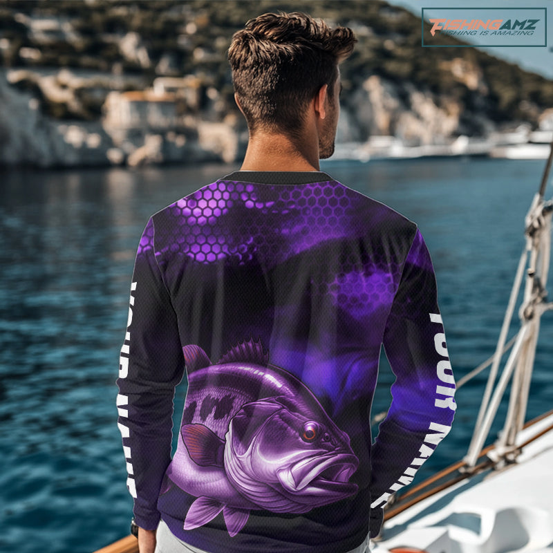 Purple Largemouth Bass Long Sleeve Fishing Shirts, Custom Big Bass Fishing Jerseys NBT379