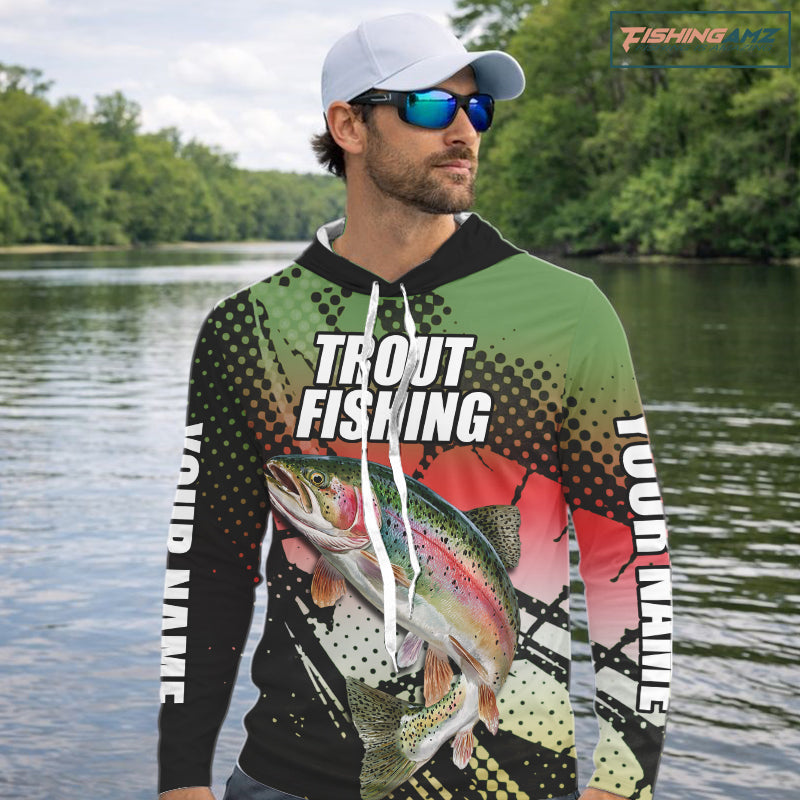 Rainbow Trout Fishing Shirts Long Sleeve Hooded Custom Name, Fishing Team Shirts NBT426